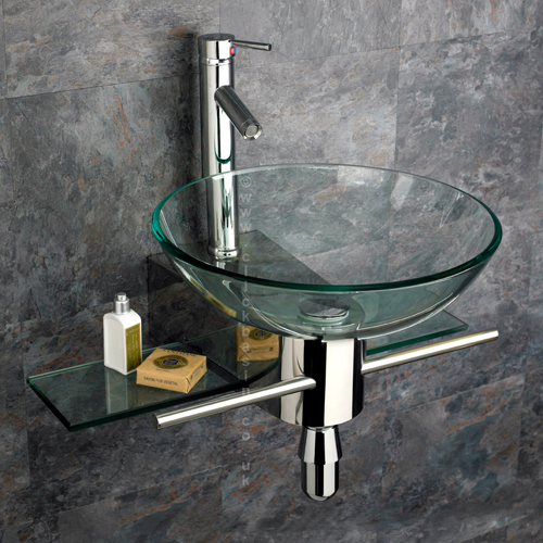 Wall Mounted Bathroom Glass Basin Bowl Sink With Shelf Set Tap Plug
